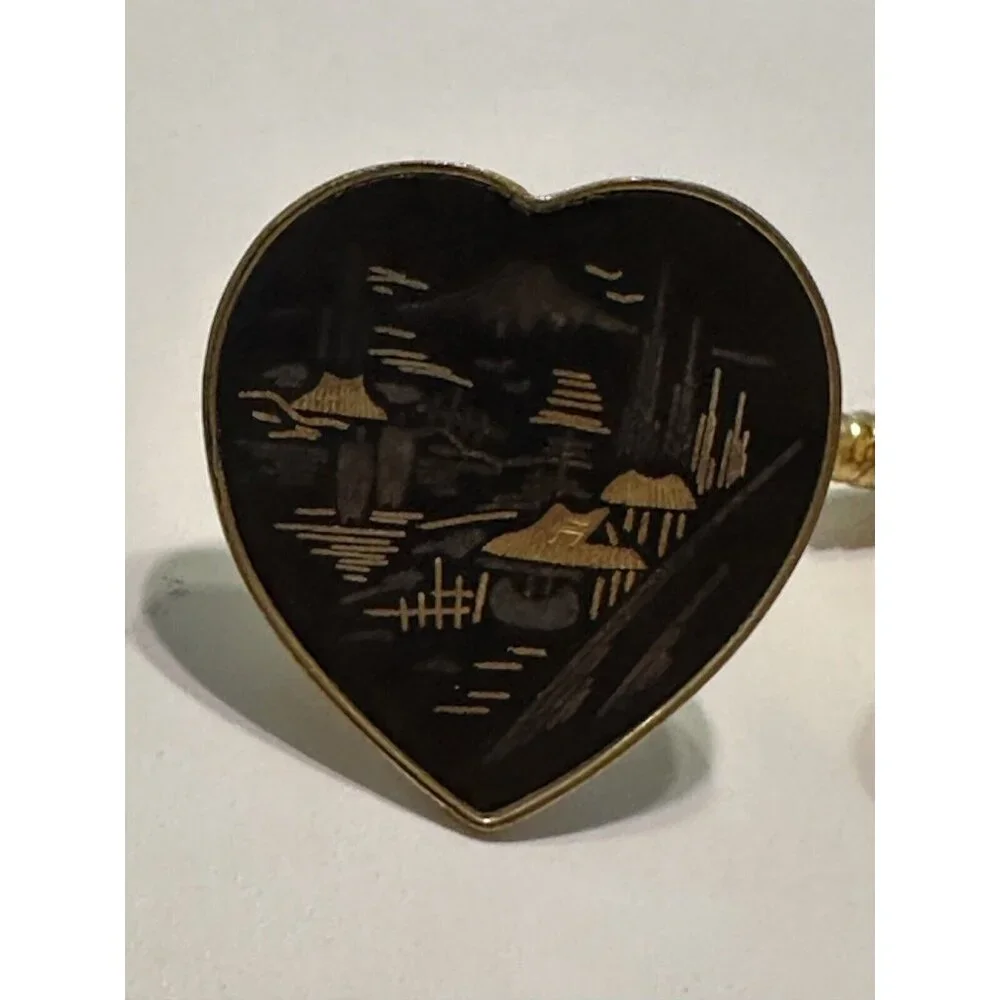 Japanese Damascene Goldtone/ Black Cufflinks AMITA Japan Heart Wedding Mountain